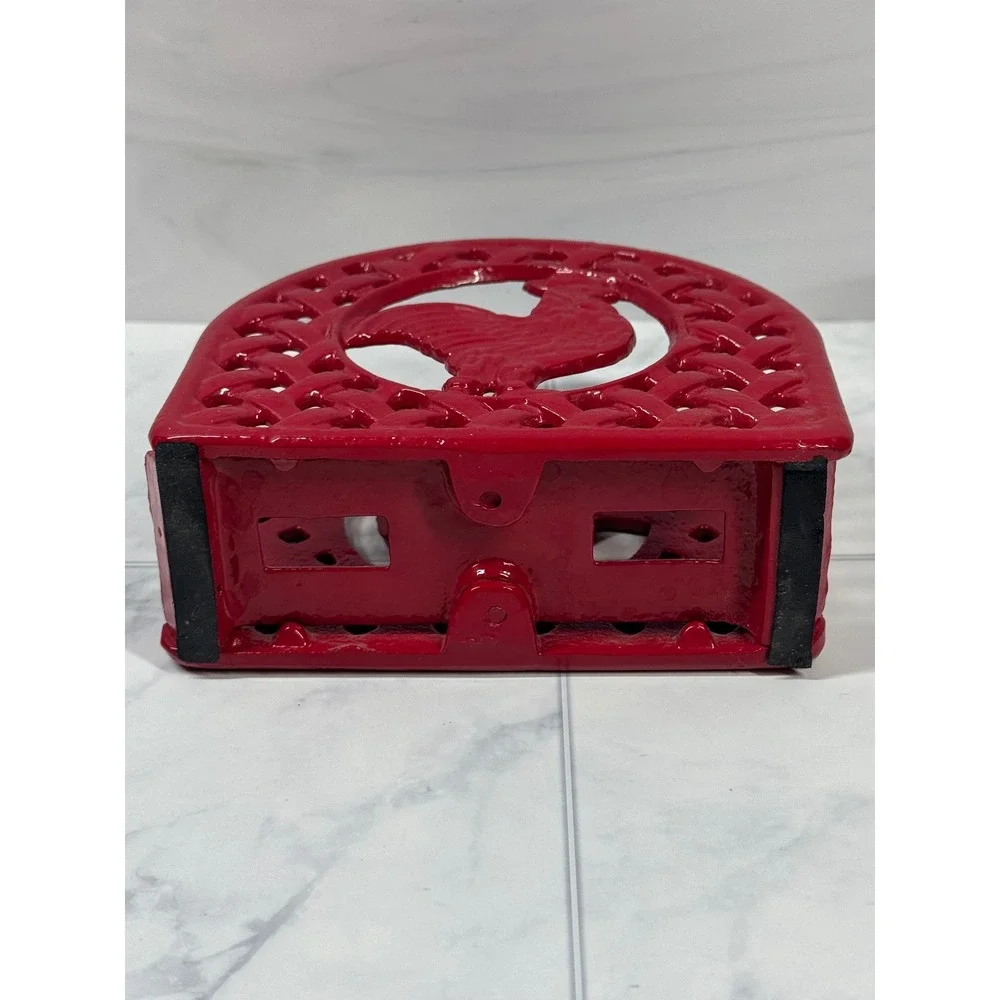 Vintage Red Cast Iron Rooster Napkin Holder Farmhouse Lattice Basketweave Red